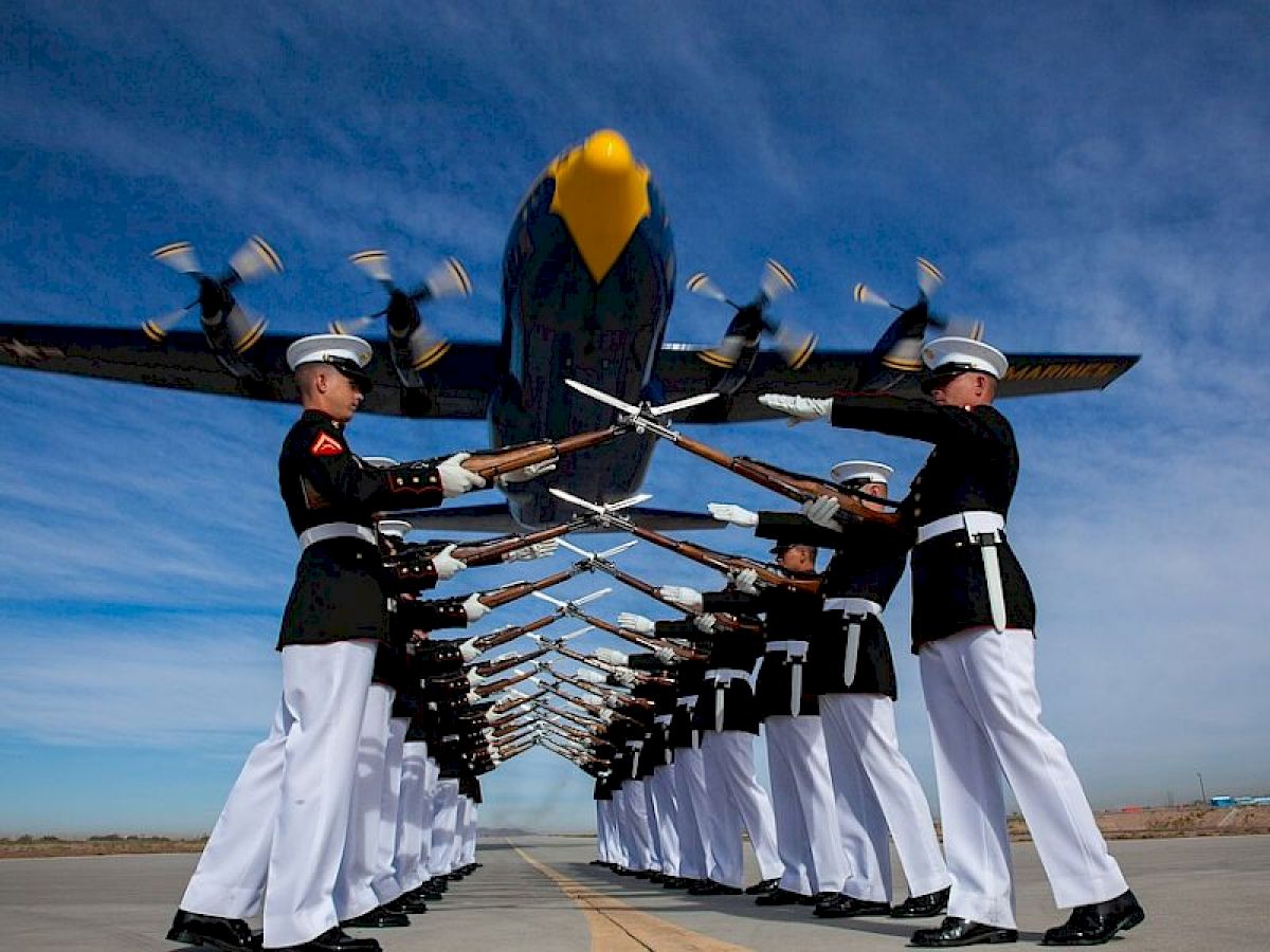 Soldiers in uniform perform a rifle drill in two lines, with an aircraft flying low overhead, set against a clear blue sky.